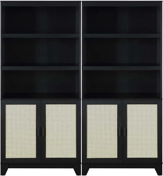 Manhattan Comfort Sheridan Modern Cane Bookcase with Adjustable Open Shelves, Soft Close Doors, and Concealed Compartments, Versatile 3 Tier Bookshelf Storage for Home and Office, Set of 2, Black