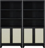 Manhattan Comfort Sheridan Modern Cane Bookcase with Adjustable Open Shelves, Soft Close Doors, and Concealed Compartments, Versatile 3 Tier Bookshelf Storage for Home and Office, Set of 2, Black