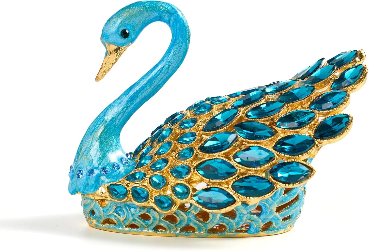 3.7-inch Blue Swan Figurine Jewelry Trinket Box, Enamel Hand-painted Swan Box with Gems, Hinged Jewelry Boxes - Ring Holder, Organizer, Home Decor, Wedding Favor Gift