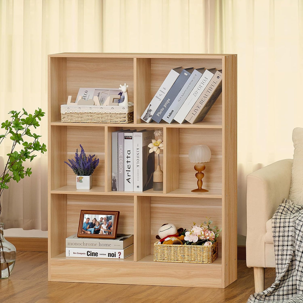 LEYAOYAO 7 Cube Bookshelf with Base,3 Tier Mid-Century Modern Natural Bookcas...