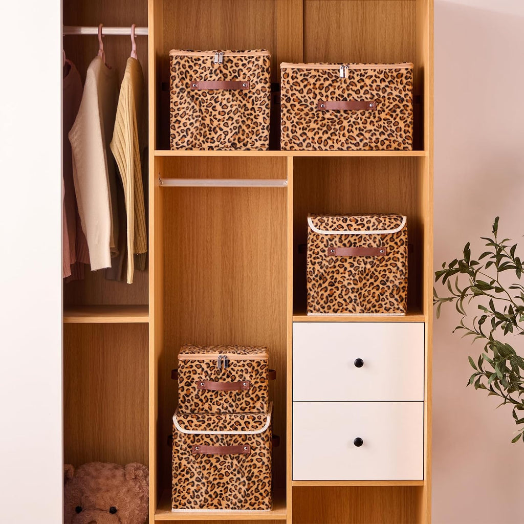 Storage Bins Boxes with Zipper Lid Leopard Print Cute Velvet Fabric Basket PU Leather Handles PP Plastic Board Foldable Washable Lidded Closet Shelf Organizer Container (Small Size)