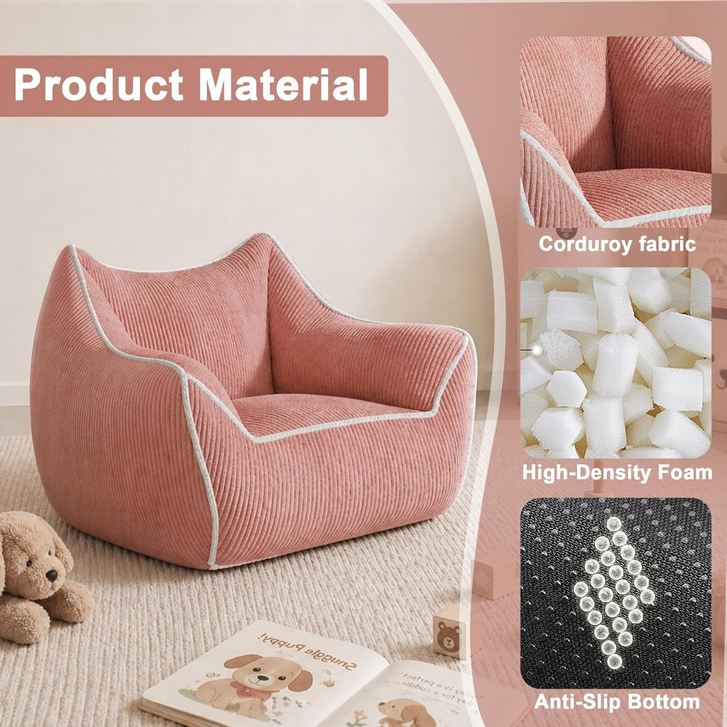 Pink Kids Bean Bag Chair, Stuffed Kids Bean Bag Sofa with Filler Corduroy Bean Bag Seat for Girls, Small Comfy Lazy Sofa Lounge Chair with Armrests and Back Support for Gaming, Reading, Pink