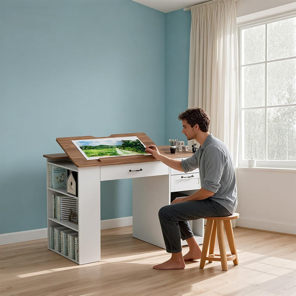 Drafting Table with Storage Cabinet & Drawers, Adjustable Drawing Table w...