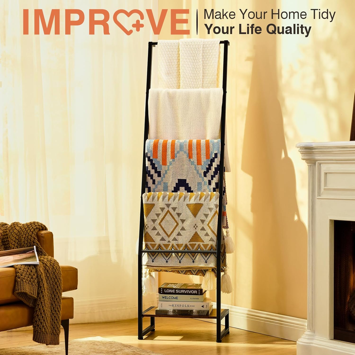DGWJSU Blanket Ladder, 5 Tier Ladder Shelf,Wooden Blanket Ladders for Living Room and Bedroom, 5.2ft Blanket Holder Rack Farmhouse Ladder Rack for Storage and Home Decor, Rustic Brown and Black