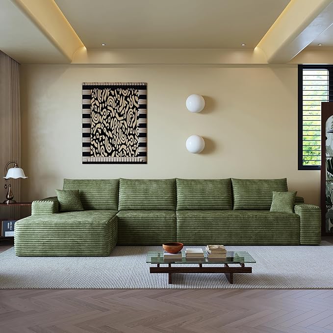 135" Oversized Compressed Sectional Sofa - 33D High-Density Foam Cloud Couch with Deep Seat - Minimalist 3-Piece Corduroy Upholstered Boneless Modular Lounge Couch | Breathable material, Full Foam, Anti-slip
