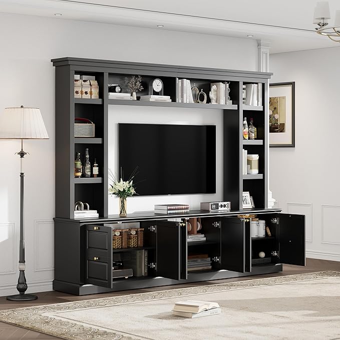 Marzzi Wall Unit TV Stand TVs up to 70", Modern Entertainment Center with 6 Doors Storage Cabinets, Bridge and Bookshelves, Large Media Console, Adjustable Shelves, Painted Finish