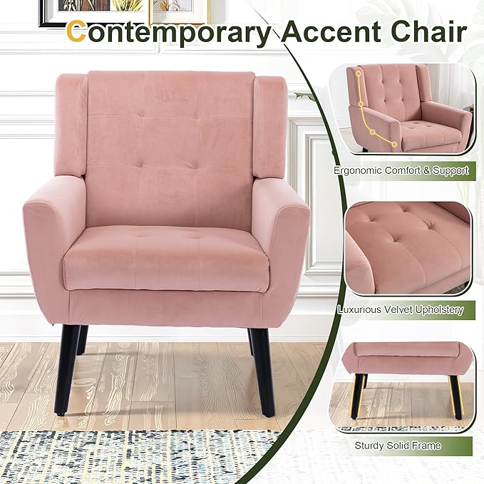 NicBex Modern Accent Chair for Living Room Upholstered Foam Filled Living Room Chairs with Metal Legs Velvet Cozy Lounge Armchair for Living Room Bedroom,Pink
