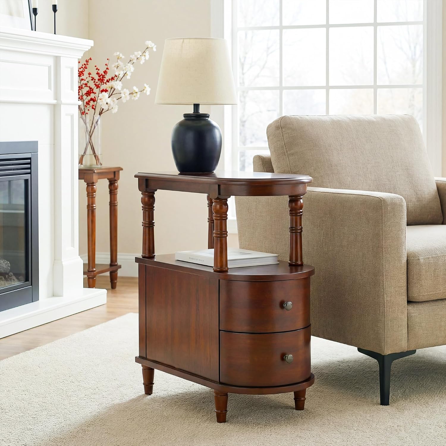 Wood End Table with 2 Drawers and Storage Shelf, Narrow Sofa Side Table for Living Room, Vintage Slim Nightstand Bedside Table for Bedroom, Slim Chair Side Table Cherry Walnut BG-A508-CY