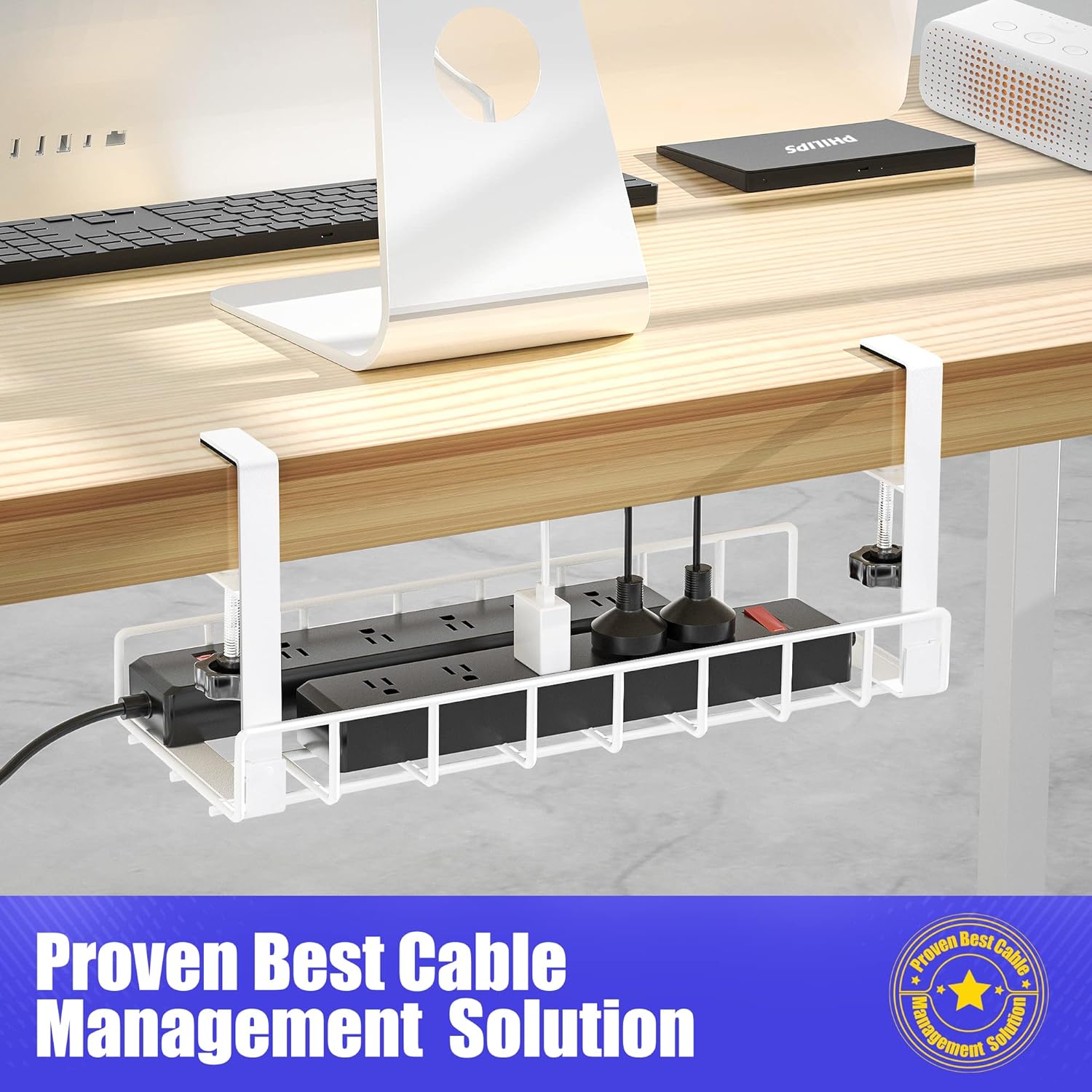 Under Desk Cable Management Tray, Xpatee Upgraded Wire Management No Drill No Screws, Cable Tray with Clamp for Wire Organizers, Computer Cord Rack for Office, Home - No Damage to Desk White