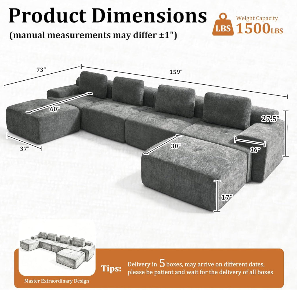 159" U Shaped Oversized Boneless Couch, Comfort Cloud Sectional Couches for Living Room, Modular Sofa High Back & Extra Deep Seat, No Assembly, Soft Chenille (Dark Grey, 159 inch-U shaped（4+2）)