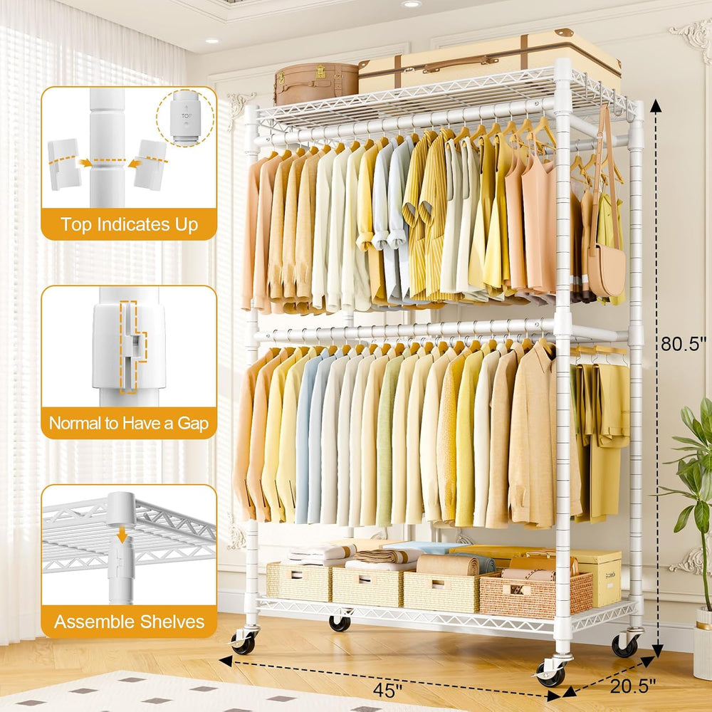 ULIFHOME Rolling Clothes Rack, Clothing Racks for Hanging Clothes, White