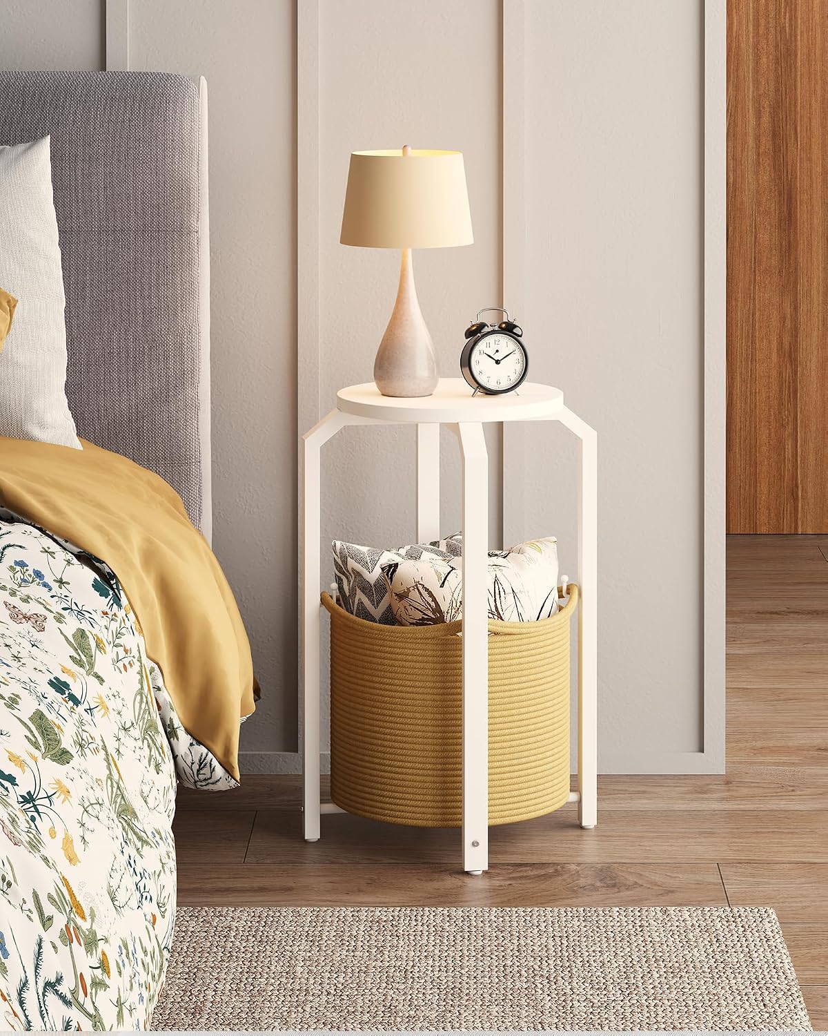 TUTOTAK Round End Table with Woven Storage Basket, White and Beige Small Side Table for Living Room, Bedroom, TB01BWN092
