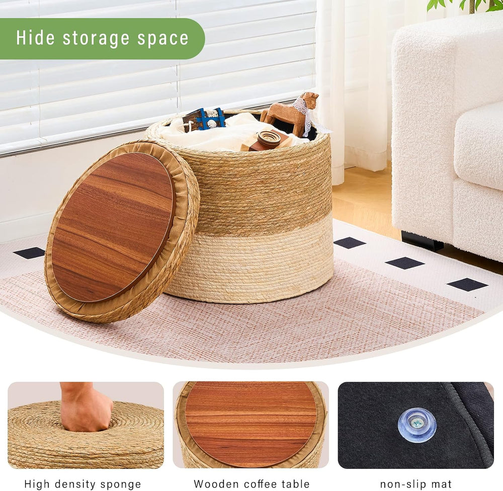 Wimarsbon Storage Pouf Ottoman, Hand Weaving Natural Straw Foot Stool, Bohemi...