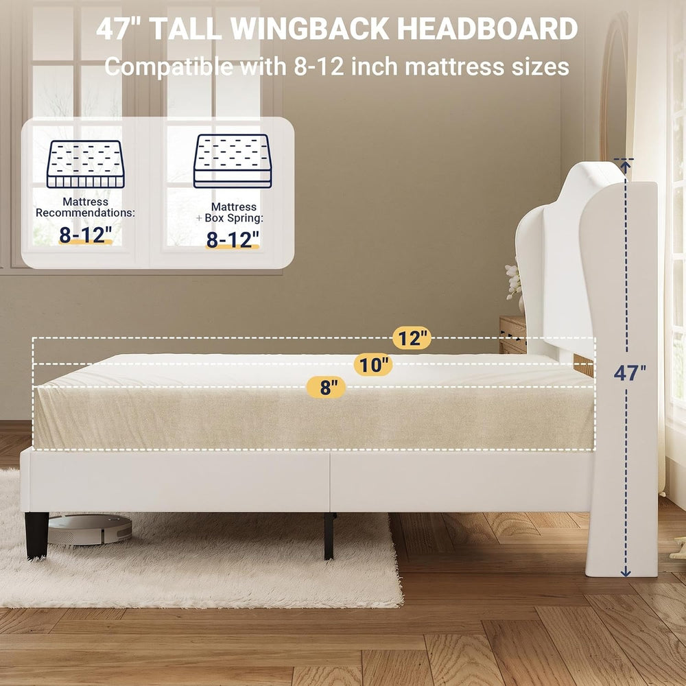 Allewie King Size Bed Frame, Plush Velvet Wingback, Modern Style, White