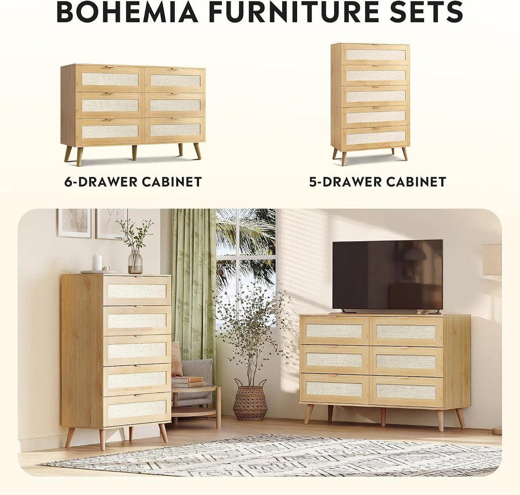 6-Drawer Rattan TV Stand | Boho Wood TV Console Fits Up to 55-inch TV for Living Room，Oak
