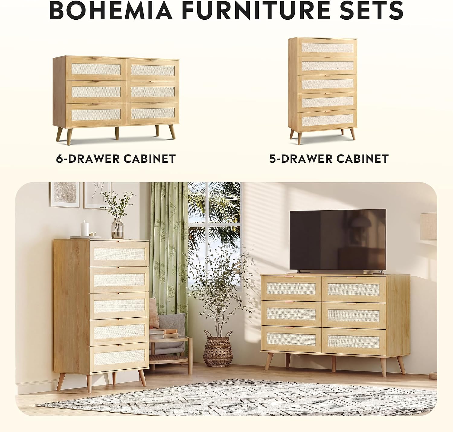 6-Drawer Rattan TV Stand | Boho Wood TV Console Fits Up to 55-inch TV for Living Room，Oak