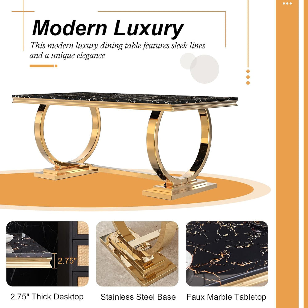 70" Marble Dining Table with Black Faux Marble Top and Gold O-Shape Stai...