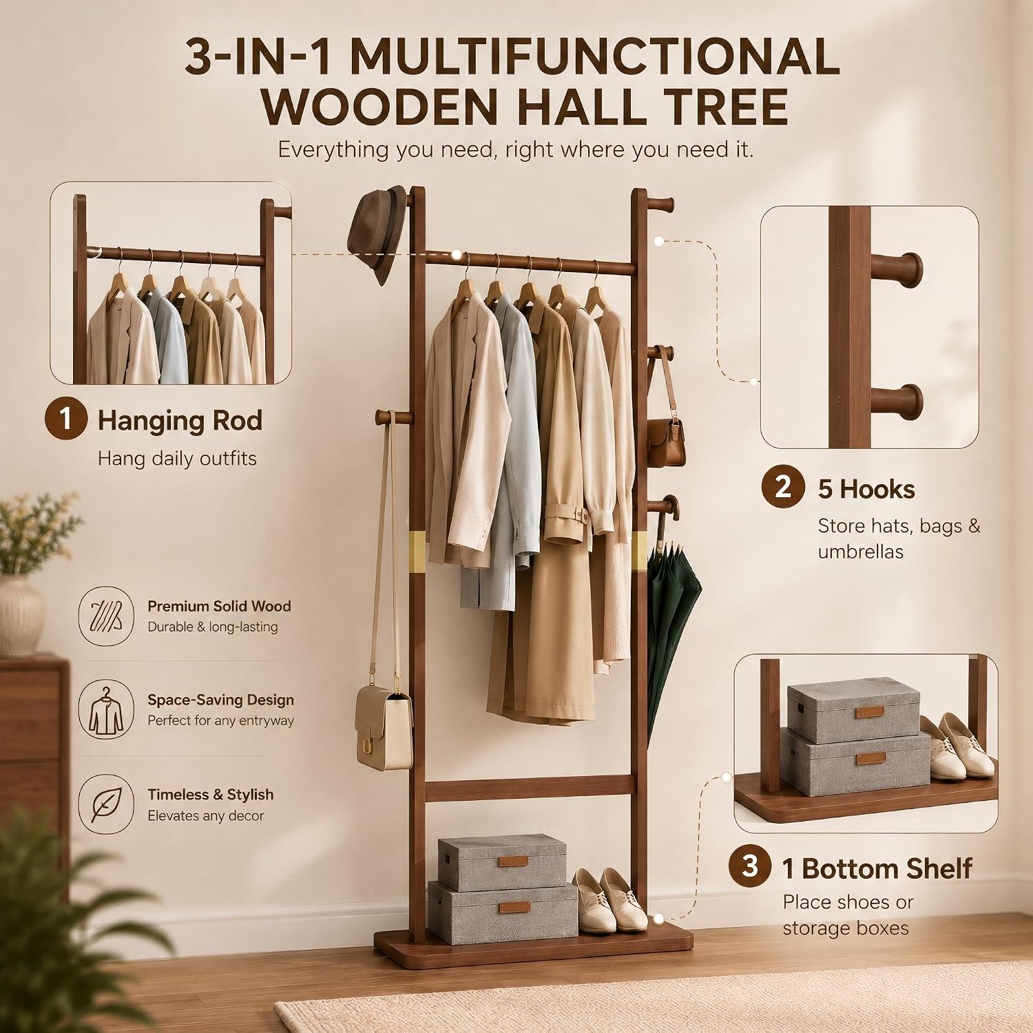 Solid Wood Coat Rack Freestanding, Clothing Rack with 5 Hooks & Bottom Shelf, Coat Rack Stand for Hanging Clothes, Wood Hall Tree Organizer for Entryway, Bedroom (Walnut Brown 23.6"W x 70.8"H)