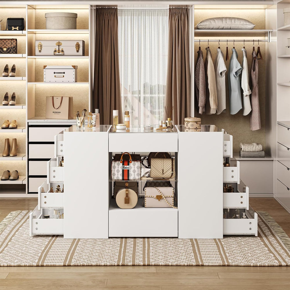 LIVAUVEAD Closet Island with 12 Drawers, Glass Top & Display Shelves, Whi...