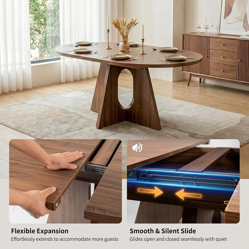 HIPIHOM 43.3"-59" Expandable Round Dining Table, Modern Walnut Kitc...