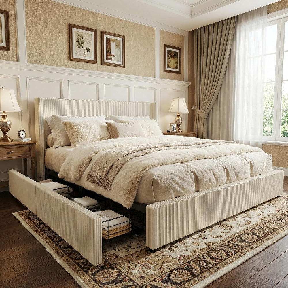 GarveeHome King Beige Storage Bed Frame, Corduroy Upholstered Platform Bedfra...