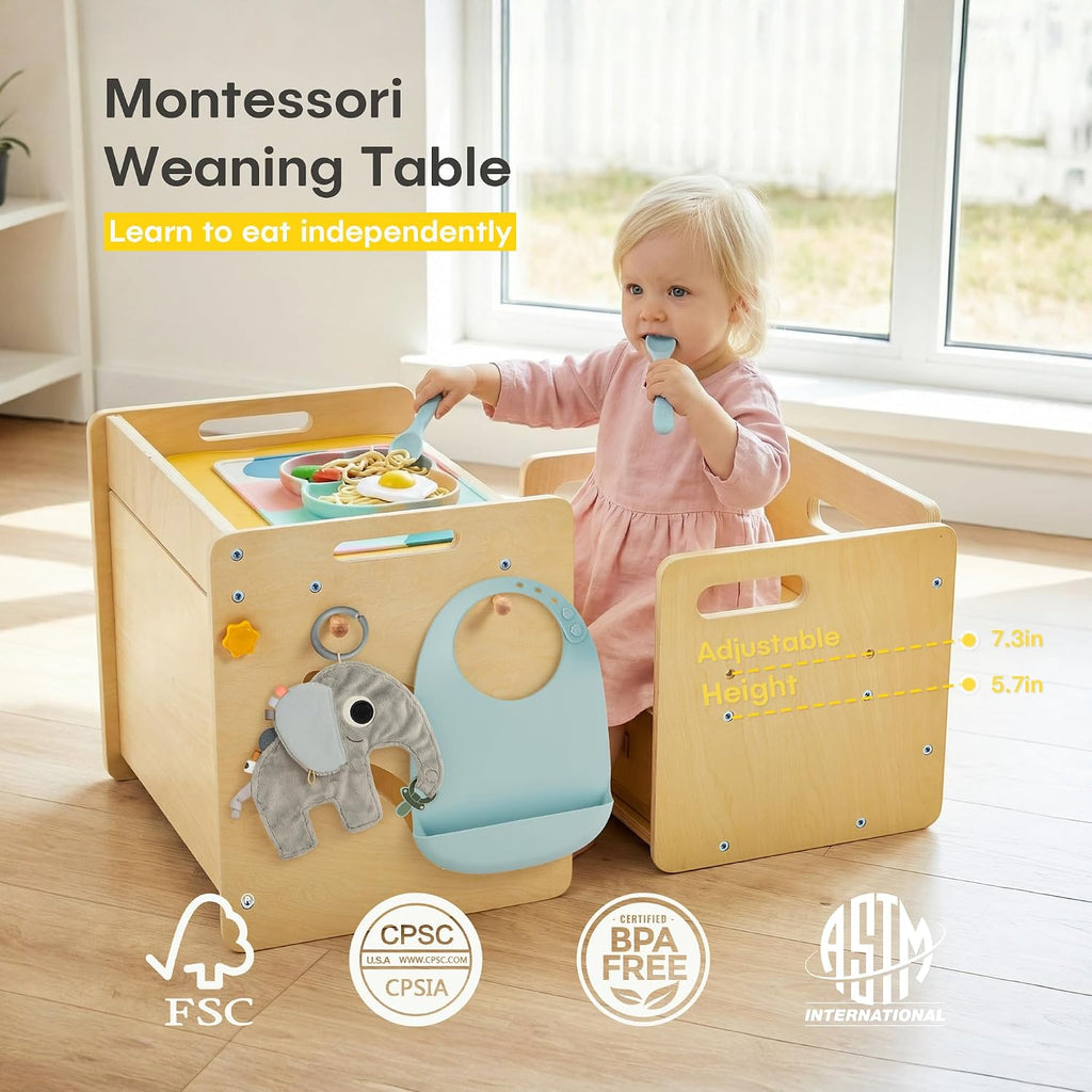 Montessori Table and Chair Set - Adjustable Toddler Weaning Table with Storage Box & Table Mat, Baby Furniture Gift for 1-3 Year Old Kids Learning, Play and Mealtime