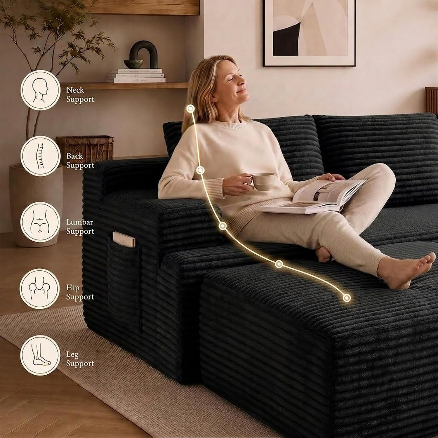Boneless Couch, Modular Sectional Couches for Living Room, U-Shaped Cloud Couch Sofa with Deep Seat, Fluffy Corduroy Upholstered Corner Sofa