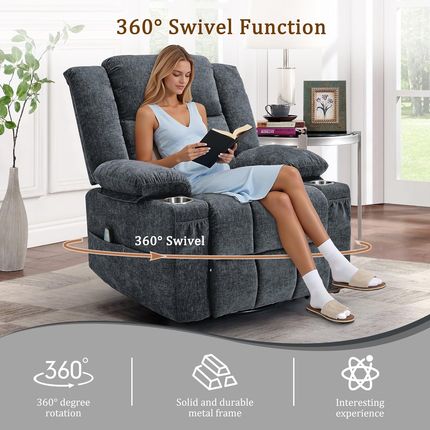 Korser 360° Swivel Rocker Recliner for Adults, Nursery Glider Recliner with Massage and Heating, Rocking Chair with Cup Holder, Manual Recliner Chair for Living Room, Bedroom (Fabric, Dark Gray)
