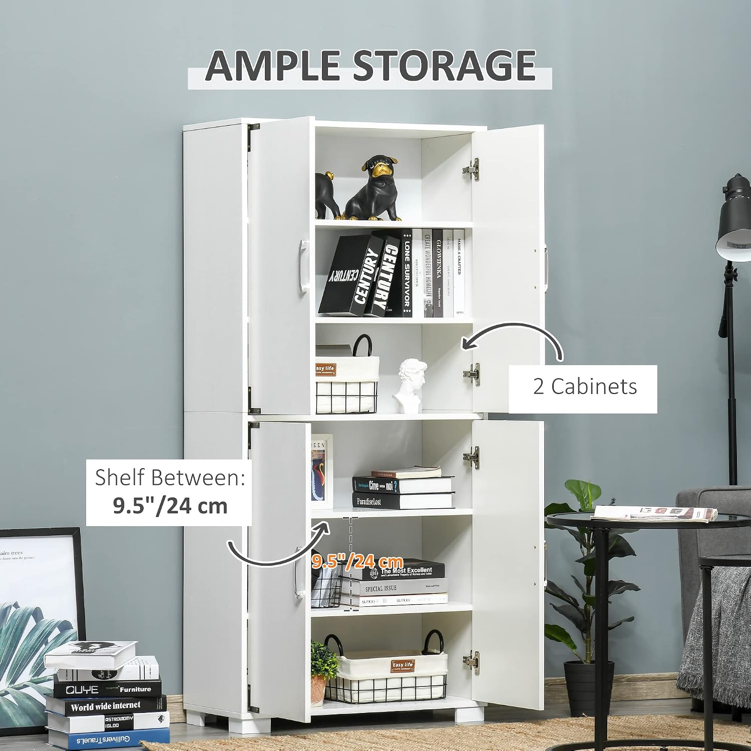 29.5" D*13.75" W*63" H Freestanding Kitchen Pantry with 4 Shelves, 2 Double Doors, Rectangular Wood Storage Cabinet, Modern Minimalist, Easy Assembly, for Living Room, Dining Room, White