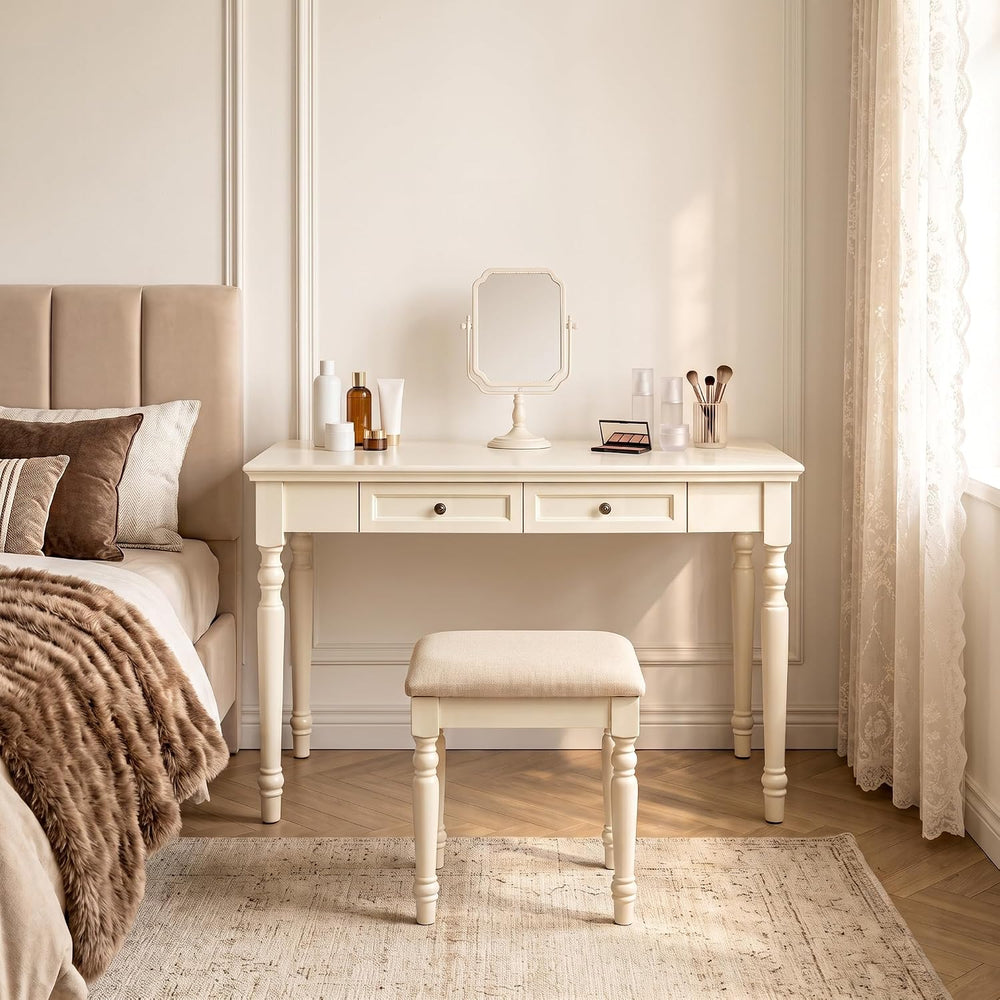 French Country Style Writing Desk with Drawers, White, 47''