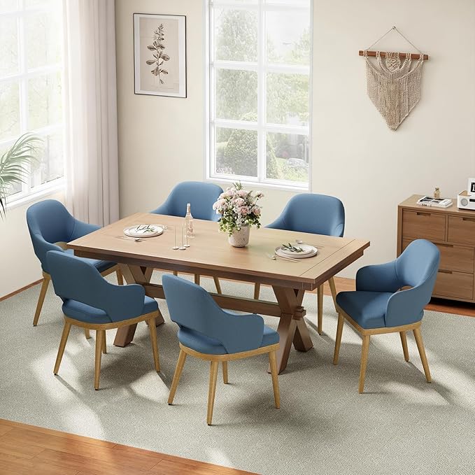 Wooden Dining Chairs Set of 6, Modern Fabric Upholstered Dining Room Chair, Kitchen Side Chairs, Farmhouse Dinner Chair with Open Back for Kitchen, Blue