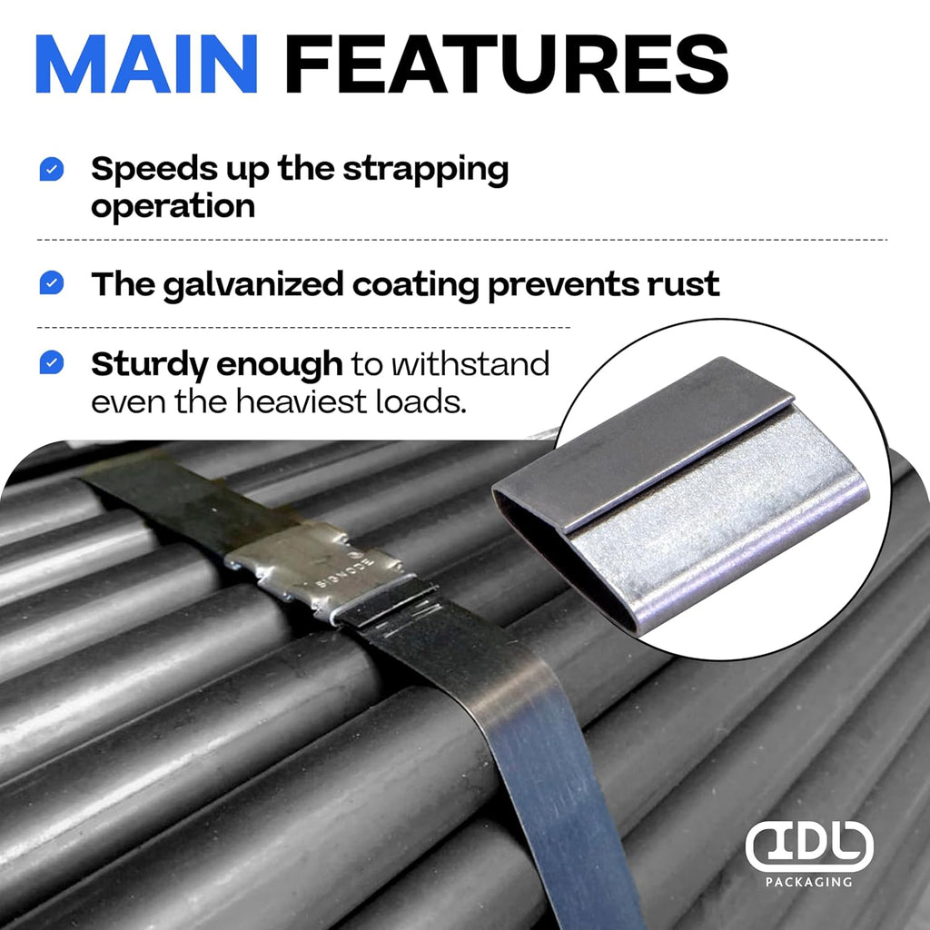 IDL Packaging Closed (Push Type) Seals for 3/4" Strap Width Steel Strapping (Pack of 100) - Superior Holding Power - Sturdy Metal Clips for Reliable Securing of Packaging Banding