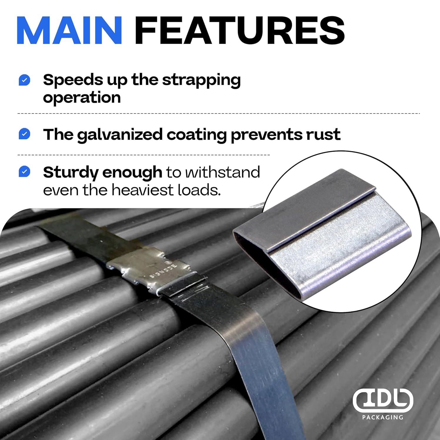 IDL Packaging Closed (Push Type) Seals for 3/4" Strap Width Steel Strapping (Pack of 100) - Superior Holding Power - Sturdy Metal Clips for Reliable Securing of Packaging Banding