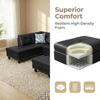 Leather 3-Piece L-Shaped Couches for Living Room, Sectional Sofa with Storage Ottoman & Movable Chaise, Modular Convertible Couch for Bedroom & Apartment, Deep Black