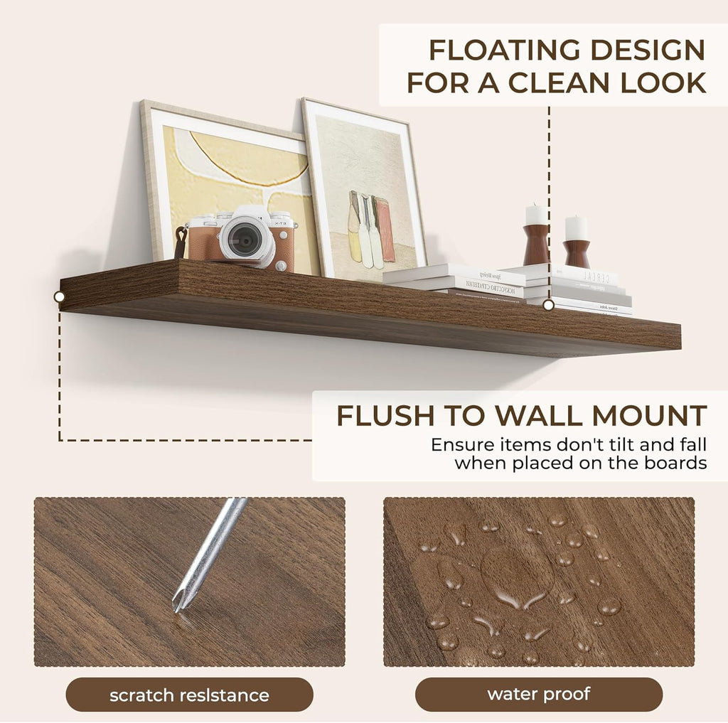 RICHFOCUS 48Inch Floating Shelves for Wall 2 Pack Shelves for Bedroom|Kitchen|Bathroom Wall Mounted Rustic Wood Floating Shelf with Invisible Brackets for Books|Storage|Decor, Walnut