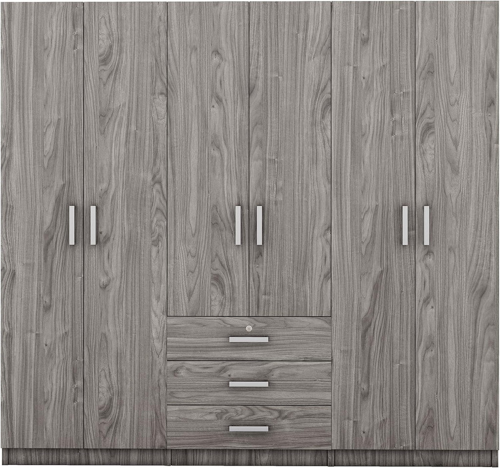 SOFTSEA 6 Doors Armoire Wardrobe Closet with Drawers, 70.9" Large Armoire Wardrobe Cabinet with Storage Shelves and 3 Hanging Rods, Bedroom Clothes Cabinet Organizer (Grey)