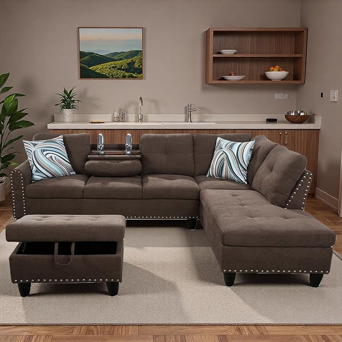 Sectional Couches for Living Room with Movable Chaise & Storage Ottoman - 97.5" Linen L Shaped Couches for Living Room Apartment, Home Modular Sectional Sofas with Cup Holder, Coffee