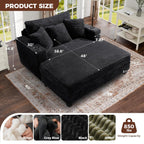 60" Oversized Chaise Lounge Chair with Wood Frame, USB Charging Port, Black | Comfy Plush Faux Fur, 2 Cup Holders & 3 Throw Pillows, Upholstered Sofa Bed for Living Room, Movie Room