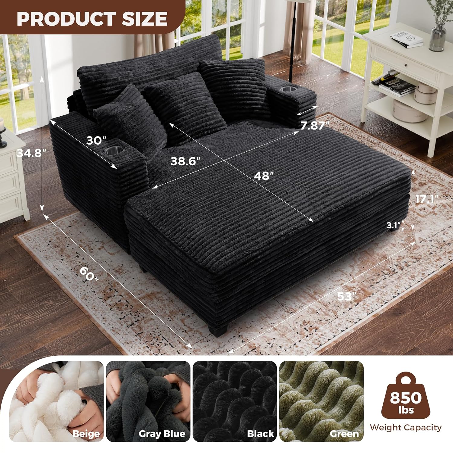 60" Oversized Chaise Lounge Chair with Wood Frame, USB Charging Port, Black | Comfy Plush Faux Fur, 2 Cup Holders & 3 Throw Pillows, Upholstered Sofa Bed for Living Room, Movie Room
