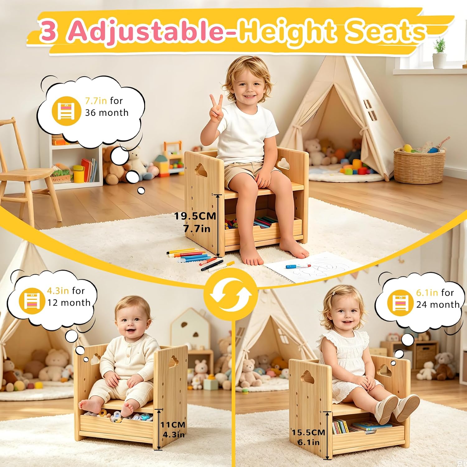 Brobear Weaning Table and Chair Set for 3-Layer Adjustable, Storage Drawer | for Ages 1-3,Blackboard, Storage Hooks, Puzzle Storage Boards, Natural Wood,CPC Certification, for Dining, Painting, Reading