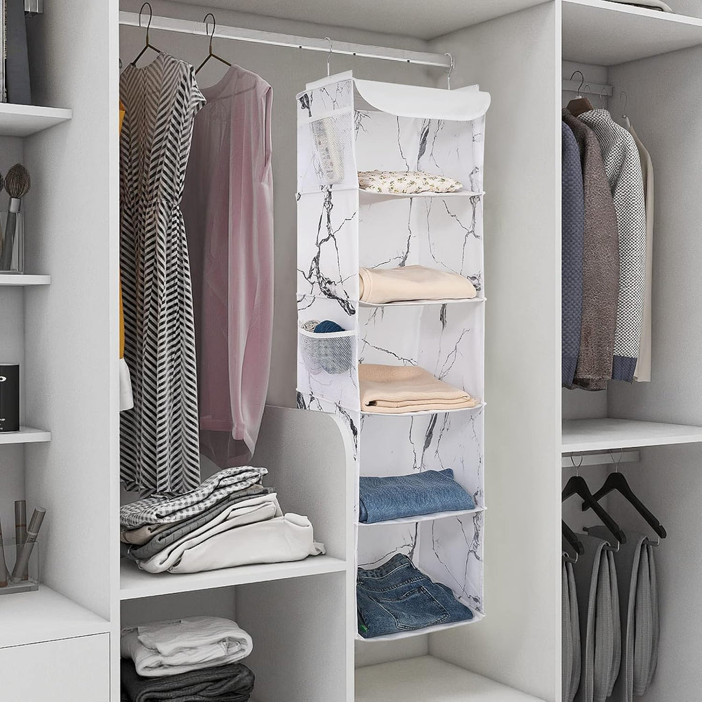 5 Shelves Hanging Closet Organizer, 2 Pack Hanging Storage with 6 Side Pockets for Clothes Shoes, 43"x12"x12"(Marblizing)