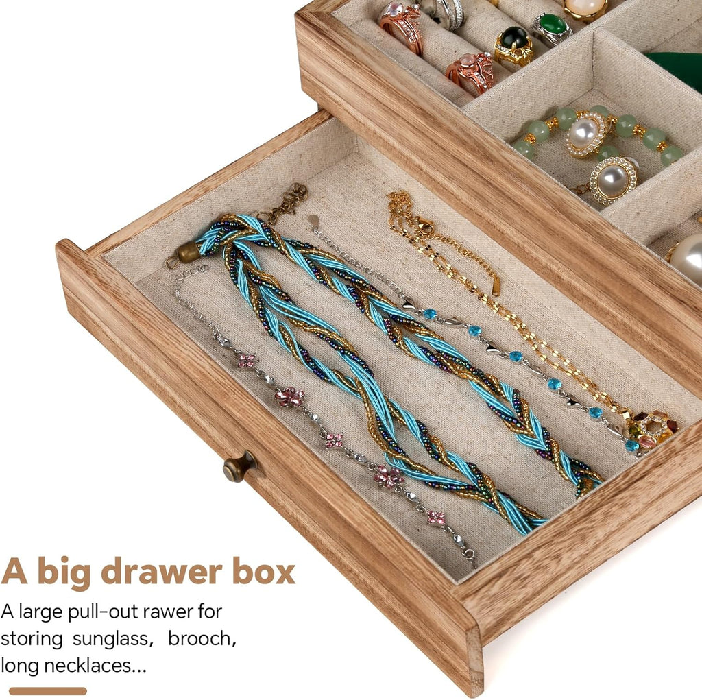 Meangood Jewelry Box Organizer for Women, 2 Layer Large Jewelry Storage Case, Rustic Wooden Jewelry Box with Mirror & Ring Tray for Necklace Earring Bracelets Rings, Vintage Style (Torched Wood)