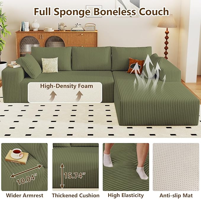 96" Modular Sectional Couch, Boneless L Shaped Cloud Sofa with Chaise Lounge, Corduroy Upholstered Couches Memory Foam Deep Seat, No Assembly Required, Ideal for Living Room(Green, Right Facing)