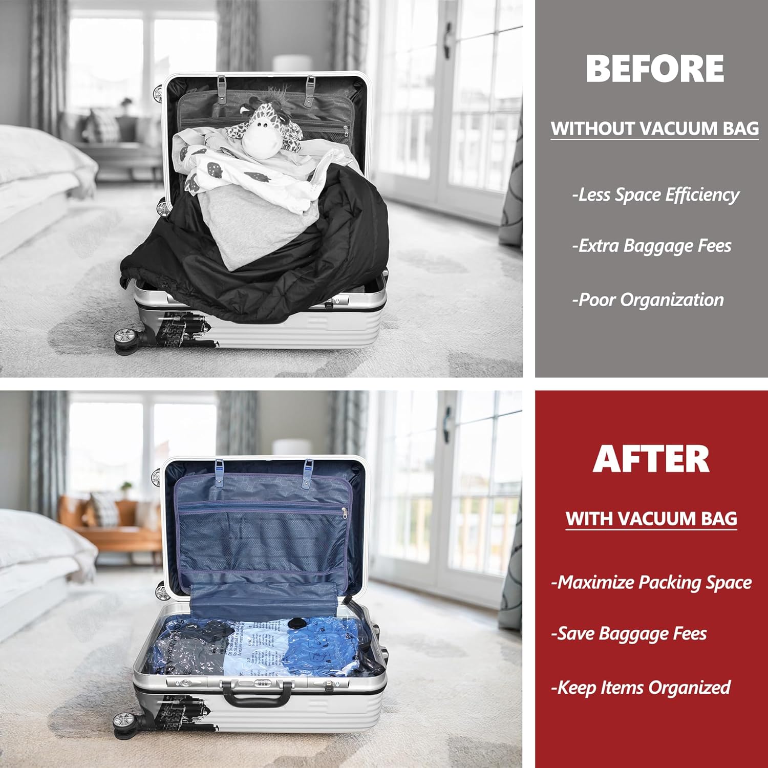 8 XL Travel Vacuum Storage Bags for Clothing with Hand Pump, Compression Packing Cubes Organizer for Luggage Suitcase, Space Saver Seal Bags for Vacation Cruise