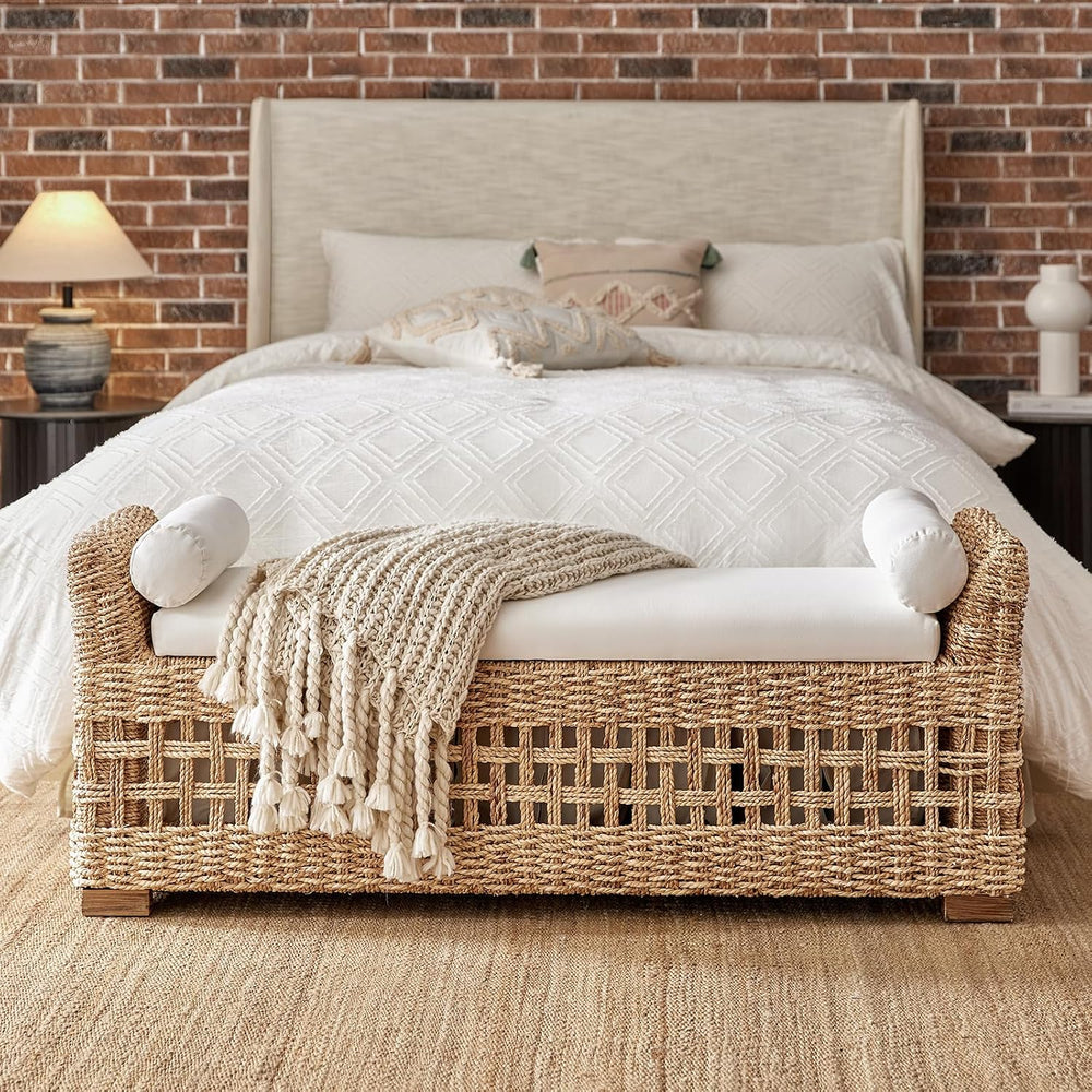 HULALA HOME 56" Rattan Storage Bench, Boho Wicker End of Bed Bench, Natu...