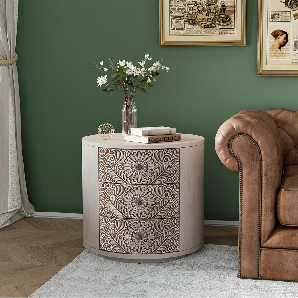 COSIEST Bedside Table Set of 2, Wood Nightstand 3 Drawers, Farmhouse Round En...