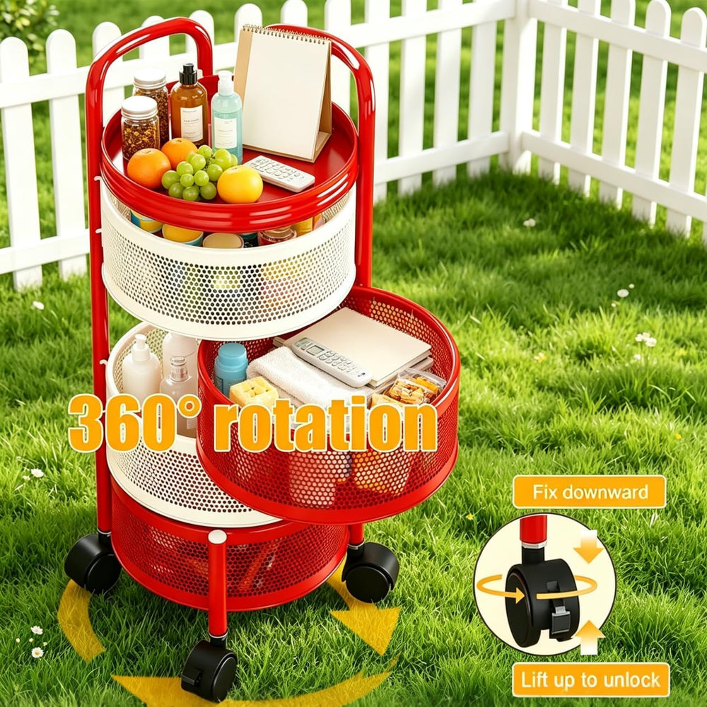 No Assembly Kitchen Storage cart with Wheels, Rotary Fruit and Vegetable Stor...