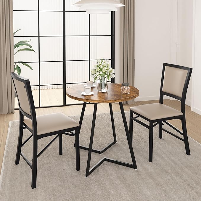 VECELO Folding Chairs Set of 2 with Cushion, Foldable Padded Seats with Heavy Duty Metal Frame for Kitchen/Dining/Living Room, No Assembly & Space Saving Design, Beige