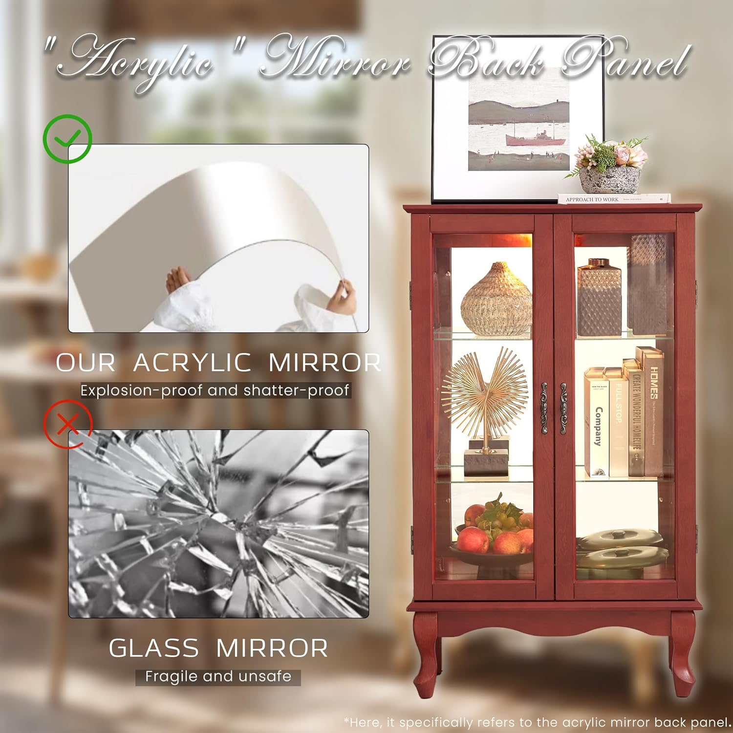 44" Small Lighted Glass Accent Curio Cabinet, Vintage China Cage with 2 Tempered Glass Doors & Adjustable Shelves, Acrylic Mirrored Pane, Elegant Wine Artwork Showcase Rack for Living Room (Cherry)