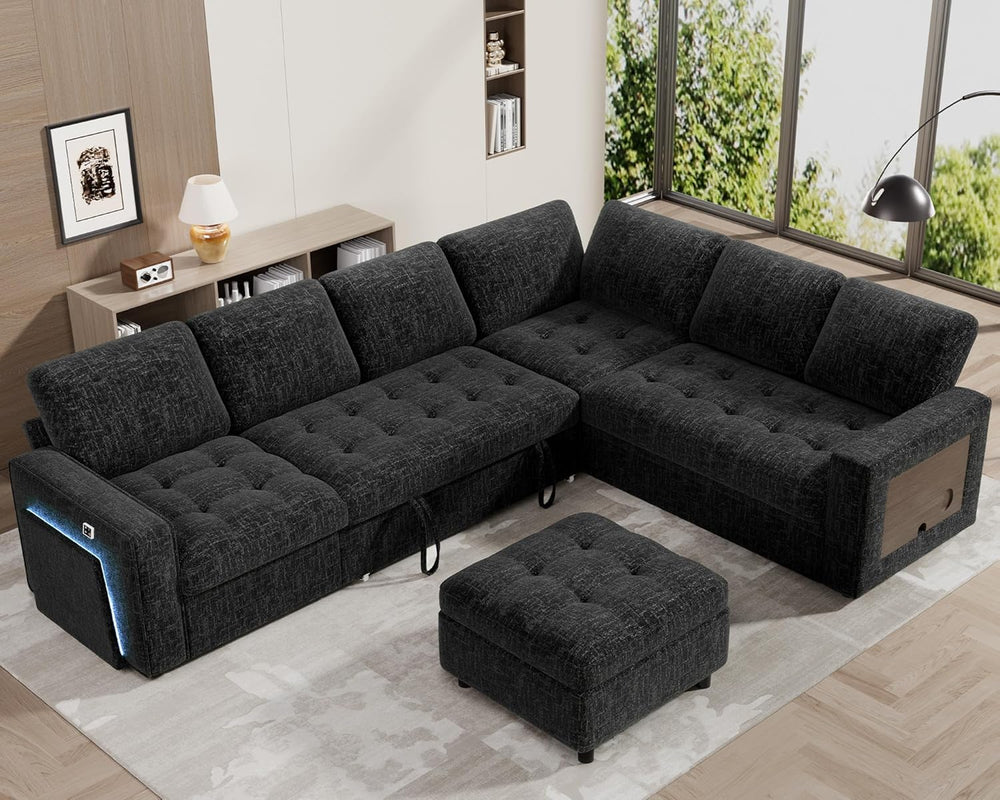 WEUP 7 Seat L Shaped Sectional Sleeper Sofa Bed with Pull Out Bed, Chenille S...